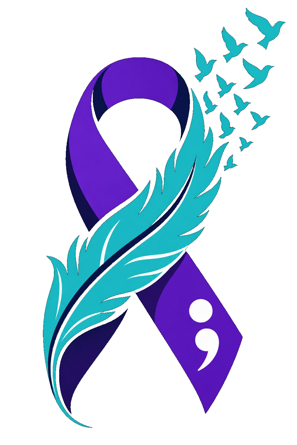 A violet awareness ribbon joined with a turquoise feather, rising birds, and a semicolon